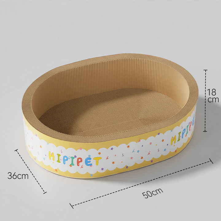 Cat scratching board made of corrugated cardboard with resting bowl