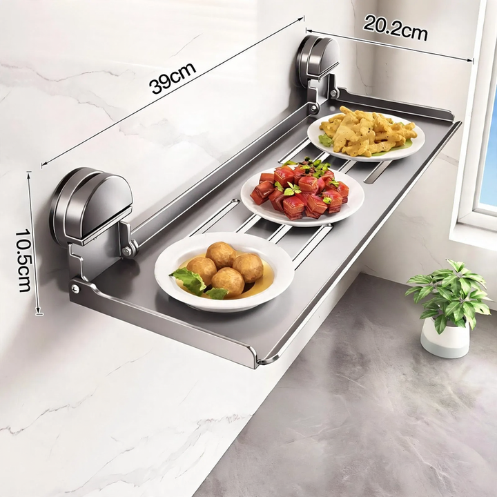 Wall-mounted kitchen shelf with suction cup, foldable