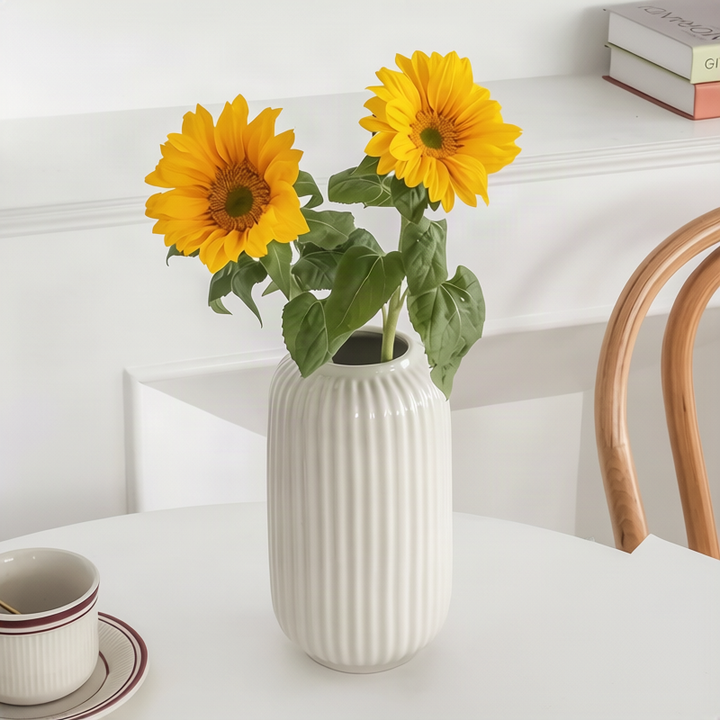 Ceramic flower vase with grooves, modern, white