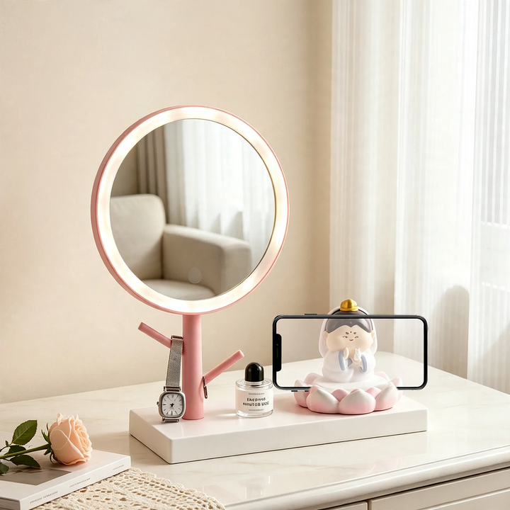 Lotus makeup mirror with phone stand and storage