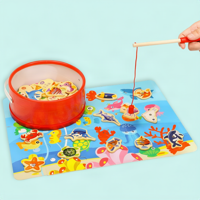 Magnetic fishing game made of wood