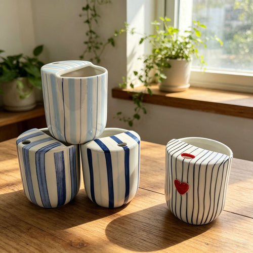 Ceramic coffee mug with stripes and heart design