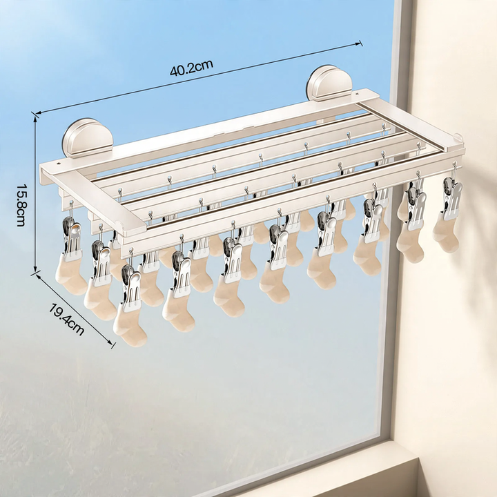 Aluminum drying rack with suction cup and clips