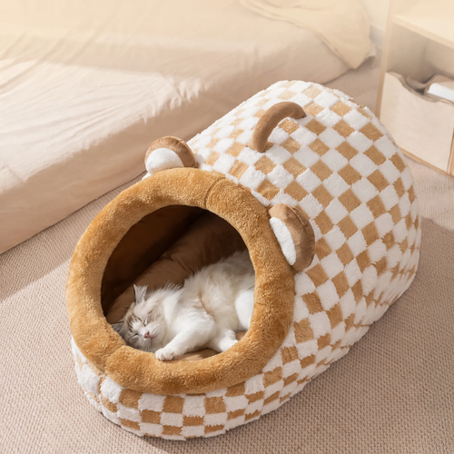 Half-open cat bed with carrying handle, warming