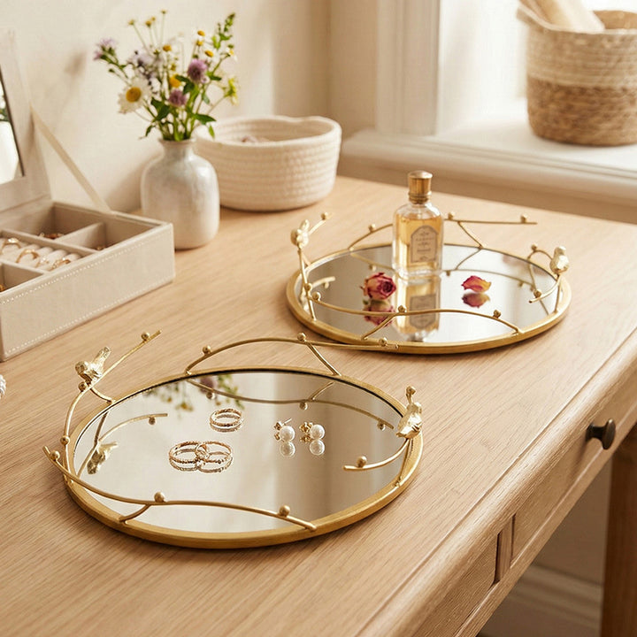 Mirror tray with bird motif, iron, square or round