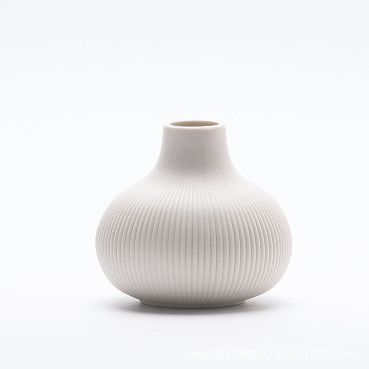 Ceramic flower vase with grooves, modern, white