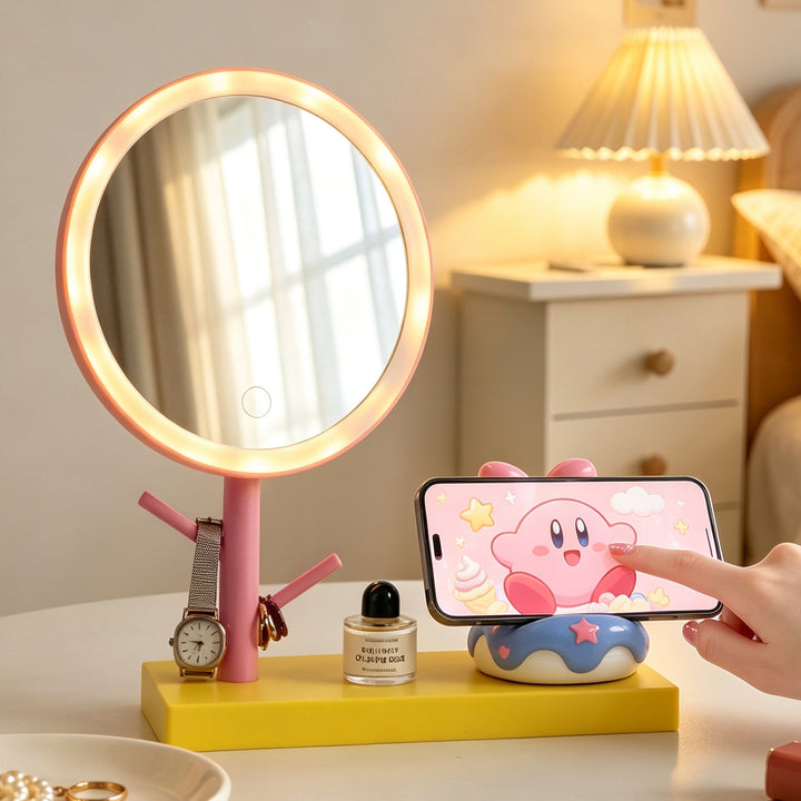 Makeup mirror with LED and phone holder