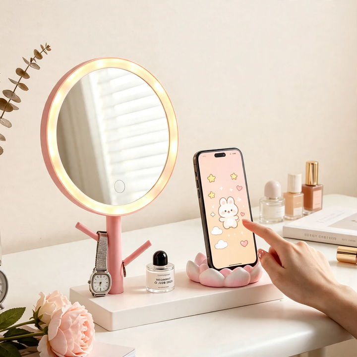 Lotus makeup mirror with phone stand and storage