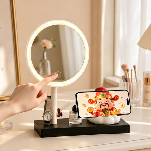 Makeup mirror with LED lighting and phone holder