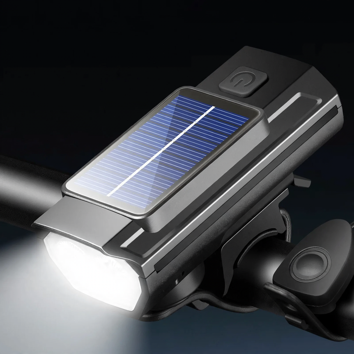Bicycle light, solar charging, with horn and bell