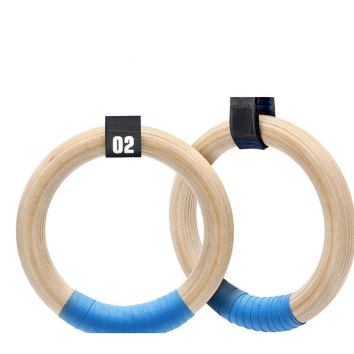 Wooden gymnastics rings with strap