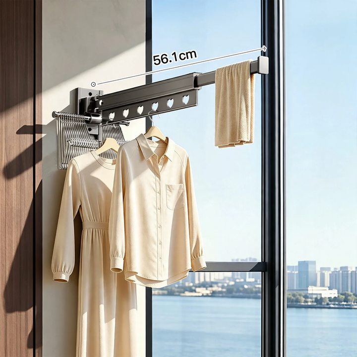 Wall-mounted drying rod, extendable, aluminum