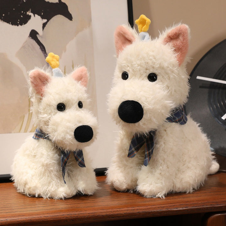 Plush dog doll with scarf, various sizes
