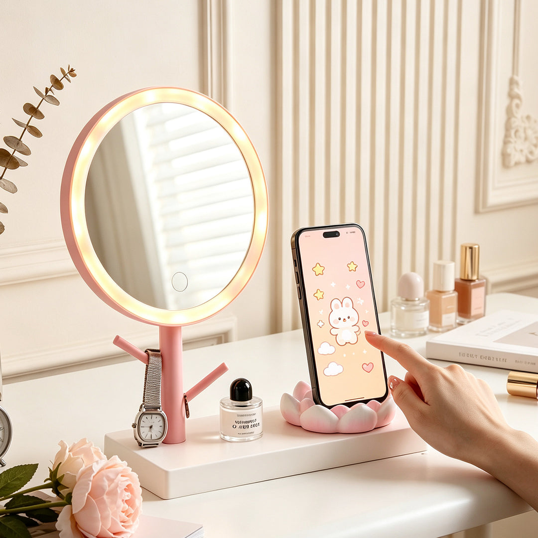 Lotus makeup mirror with phone stand and storage