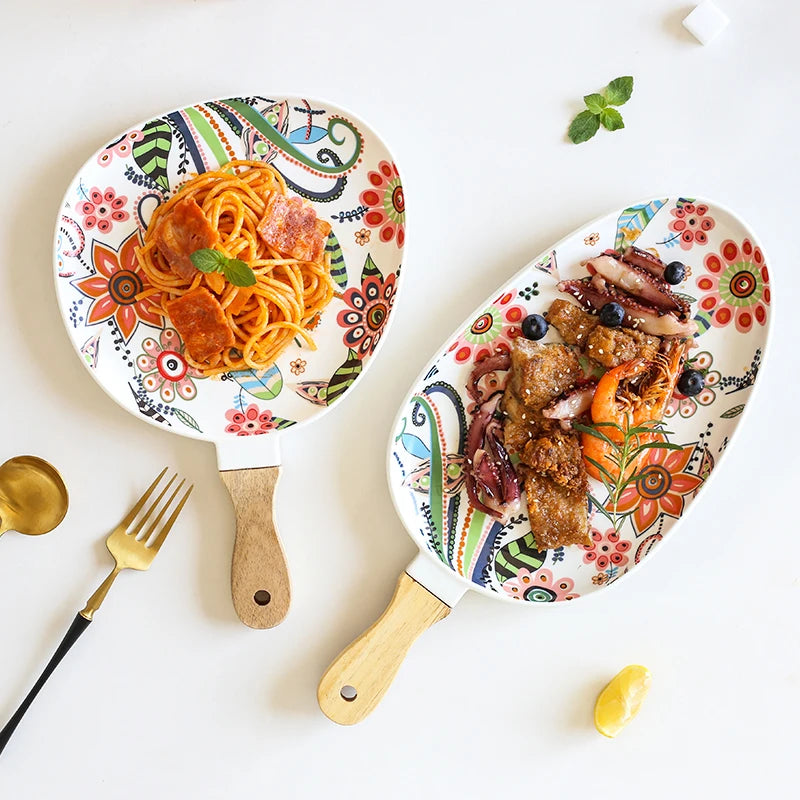 BowLift | Elegant Nordic Ceramic Dinner Plates with Wooden Handle