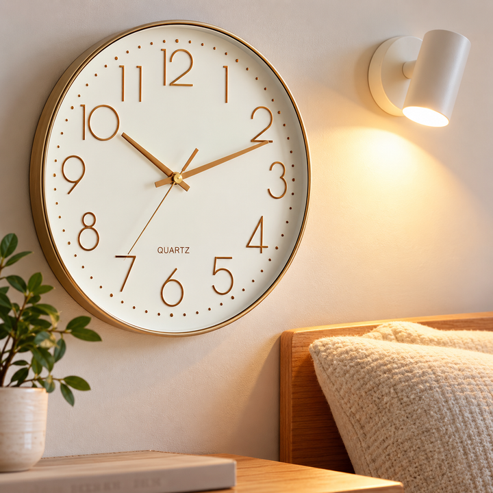Decorative Minimalist Gold Rim Wall Clock with Raised Numerals Bowlift