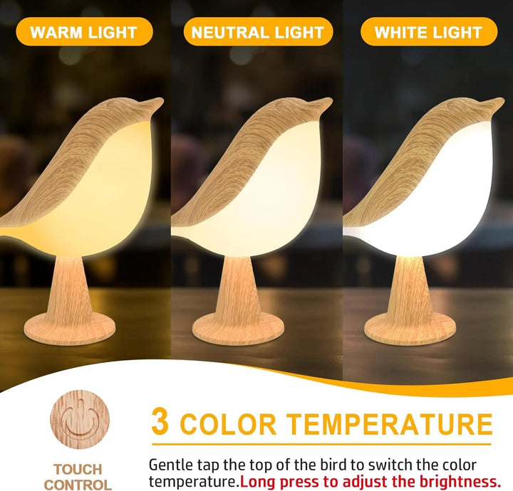 BowLift | Touch-Control Wooden Bird Night Light - Rechargeable LED Bedside Lamp