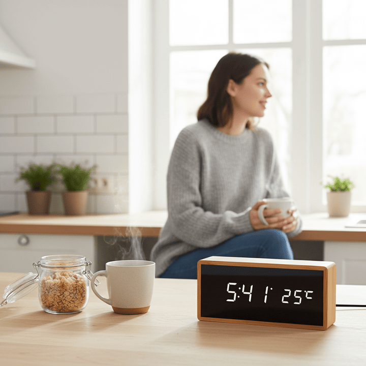 BowLift | ECOCLOCK – Bamboo LED Alarm Clock with Time and Temperature Display