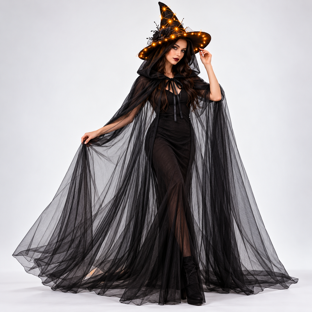 Sheer Hooded Tulle Maxi Cape Cloak with Ribbon Tie Bowlift