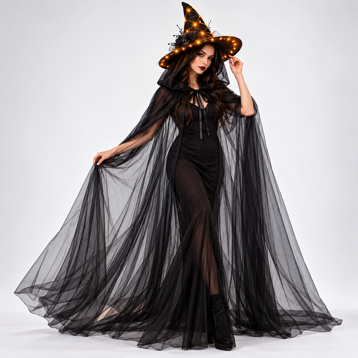 Sheer Hooded Tulle Maxi Cape Cloak with Ribbon Tie Bowlift