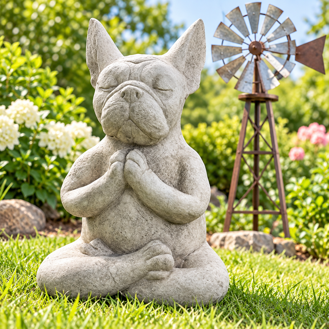 Meditative French Bulldog Concrete Garden Statue Bowlift
