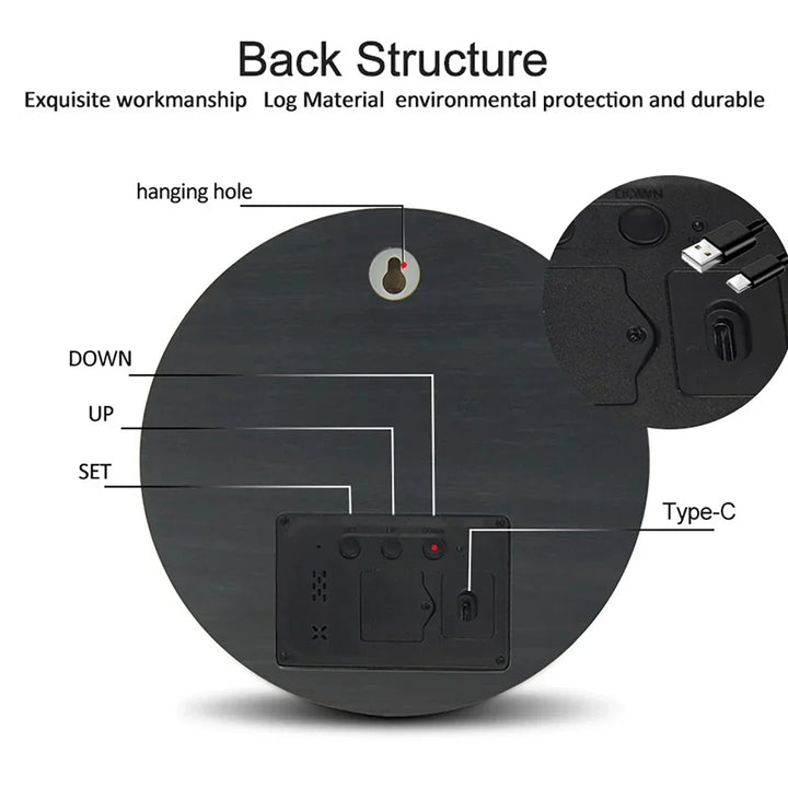 BowLift | LED Wooden Wall Clock with Temperature Display, Silent Nordic Style