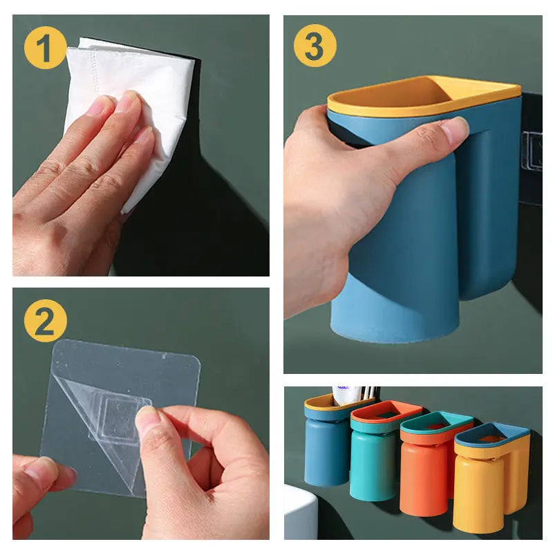 BowLift | Toothbrush Holder with Cup | Wall-Mounted | Self-Adhesive | ABS Plastic | 11.5×7×12.5cm