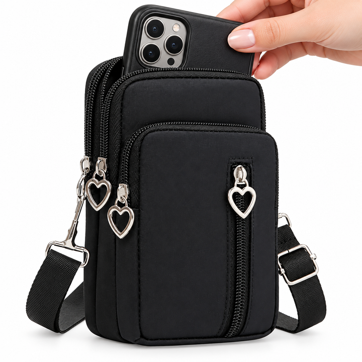 Compact Nylon Crossbody Phone Pouch with Multiple Zip Compartments Bowlift