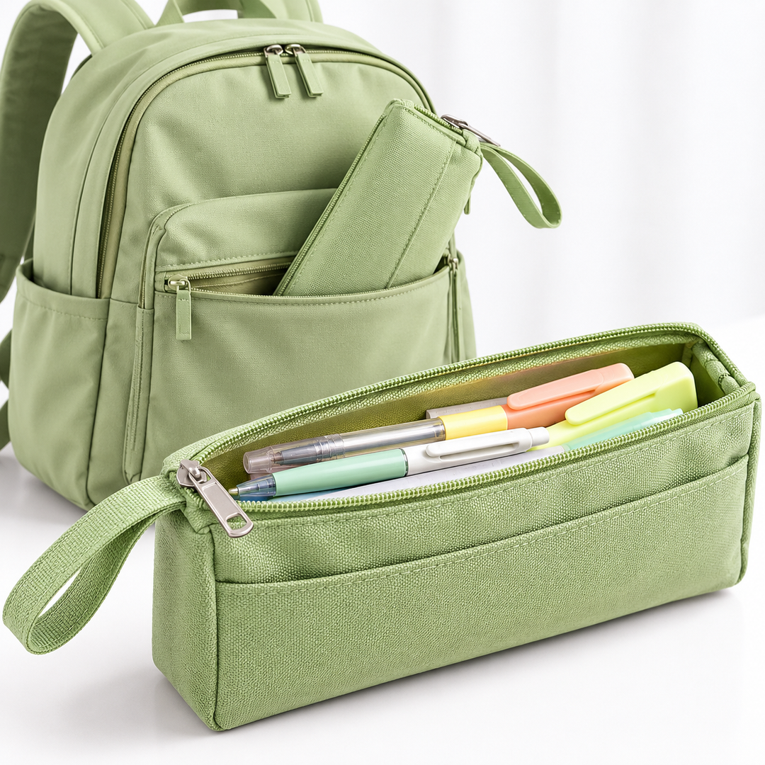 Canvas Zip Pouch Pencil Case with External Pocket and Wrist Strap Bowlift