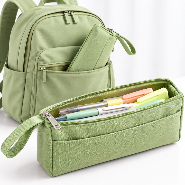 Canvas Zip Pouch Pencil Case with External Pocket and Wrist Strap Bowlift