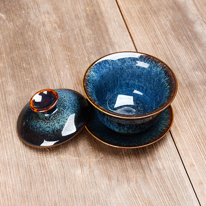 BowLift | Vintage Kiln Ceramic Gaiwan Sancai Tea Cup Tea Cup and Saucer with Lid