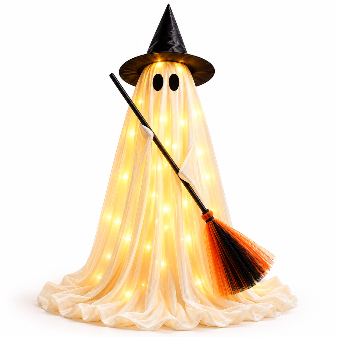 LED Halloween Outdoor Ghost Lawn Ornament with Witch Hat and Broom Bowlift