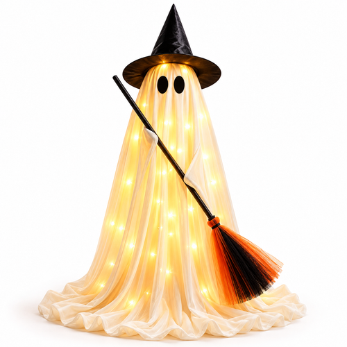 LED Halloween Outdoor Ghost Lawn Ornament with Witch Hat and Broom Bowlift