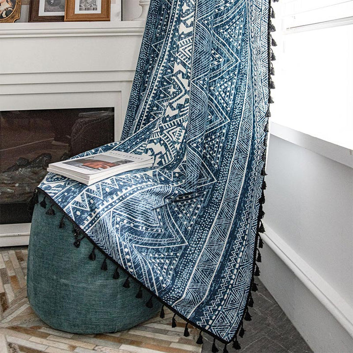 BowLift | Blue geometric pattern light-filtering curtain