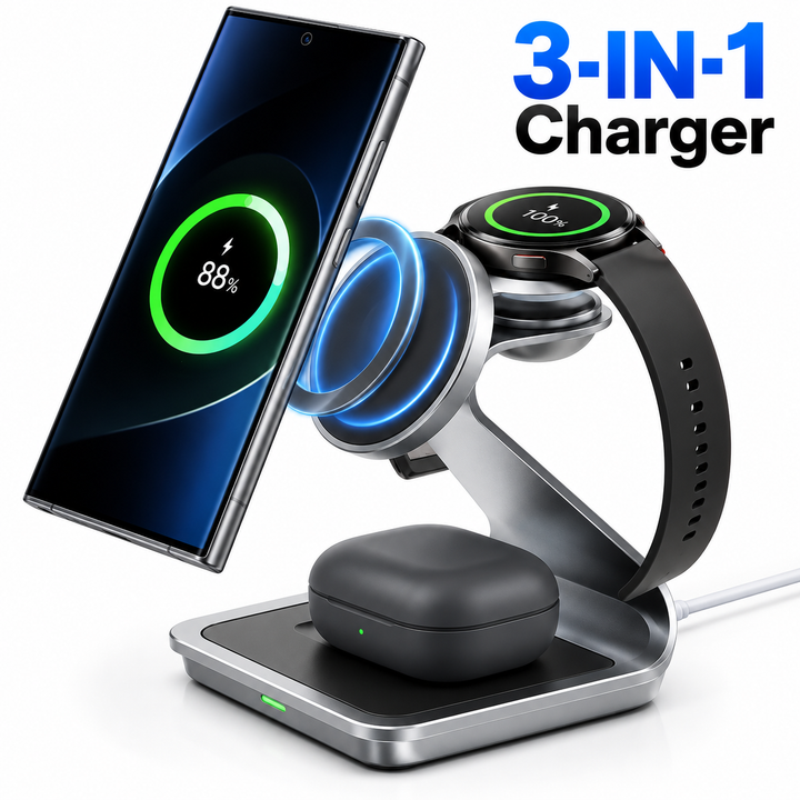 Three-way Magnetic Wireless Charging Stand with Foldable Watch Dock and Earbuds Pad Bowlift