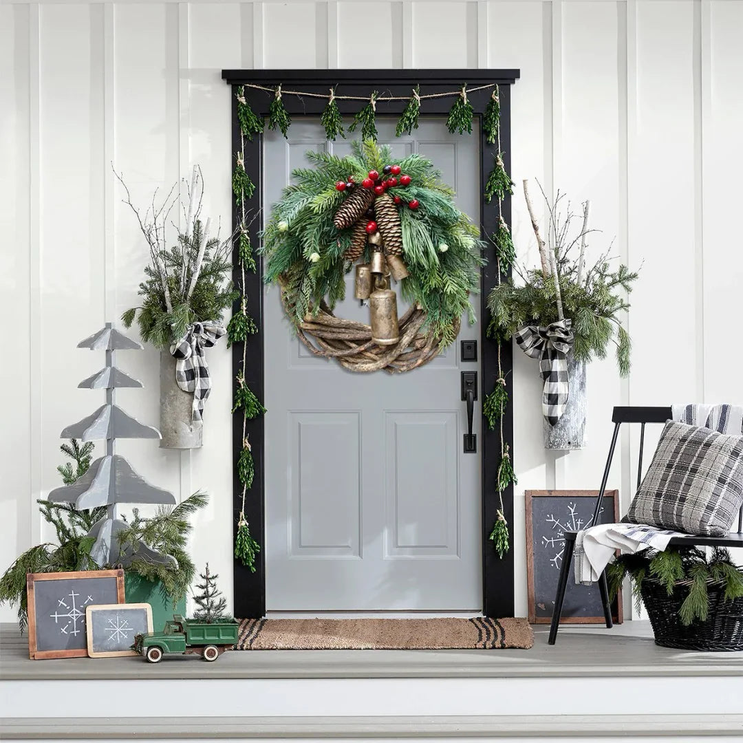 BowLift | Christmas Wreath | Boho Style | Rustic Vine Base with Pinecones & Golden Bells