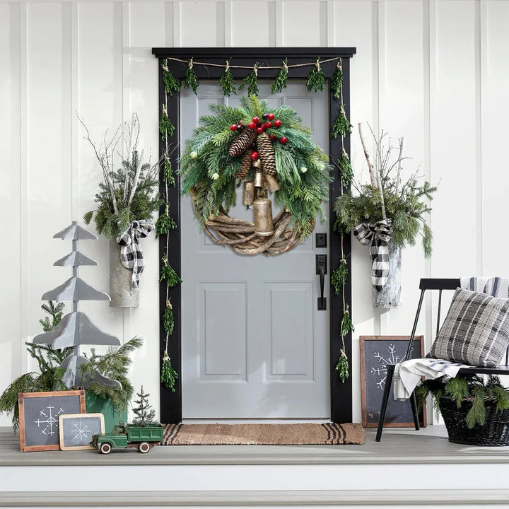 BowLift | Christmas Wreath | Boho Style | Rustic Vine Base with Pinecones & Golden Bells