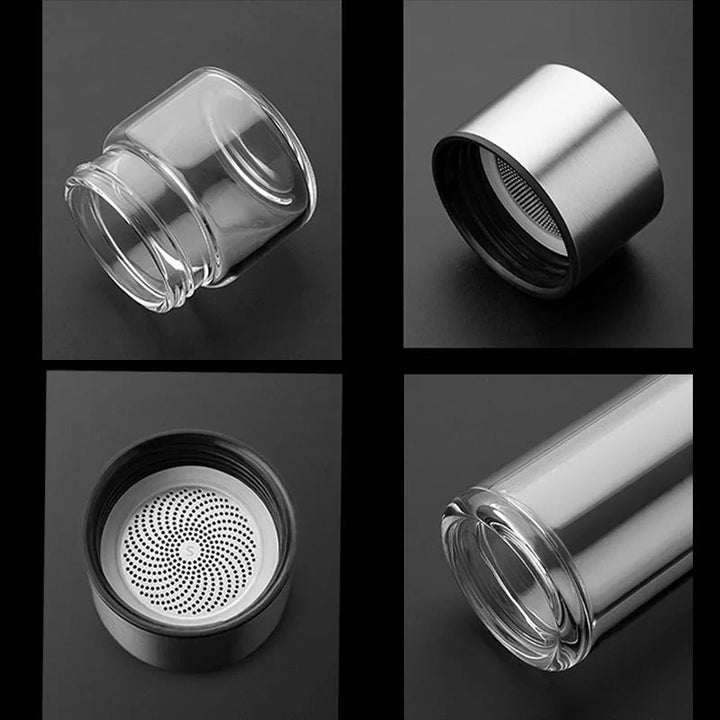 BowLift | Thermos Bottle with Tea Filter – Glass & Wood – Double-Walled – 500 ml – ClearTherm