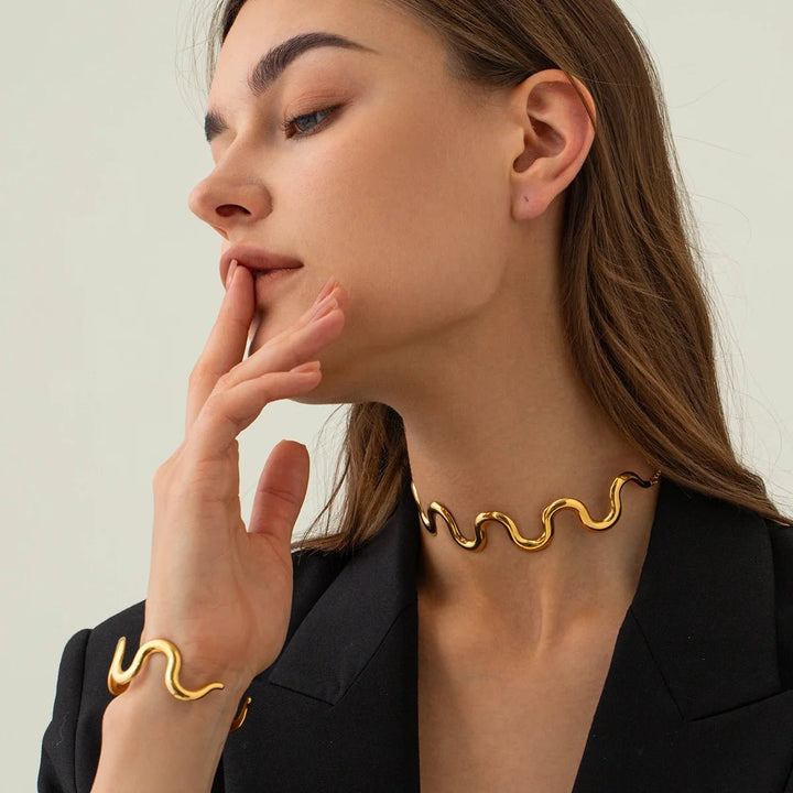 BowLift | Gold Wavy Statement Bracelet and Necklace