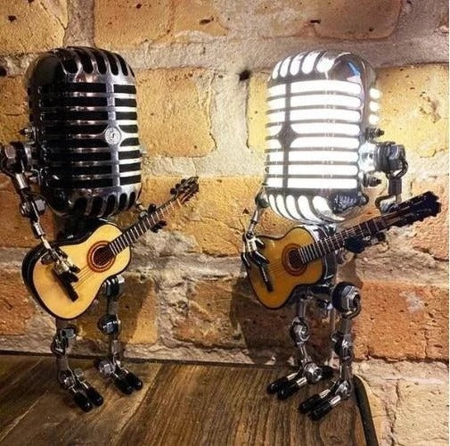 BowLift | Industrial Style Robot Lamp with Guitar and Vintage Microphone Design