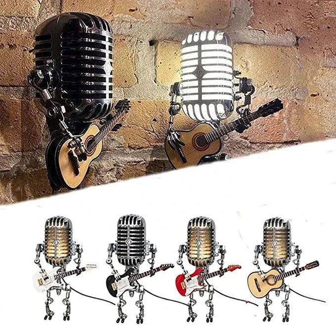 BowLift | Industrial Style Robot Lamp with Guitar and Vintage Microphone Design