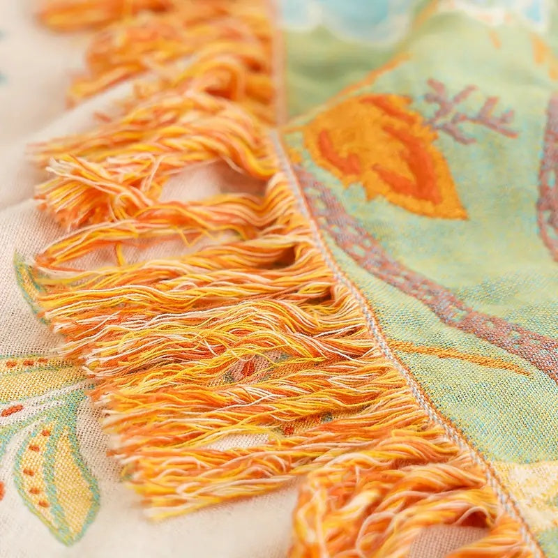 BowLift | Boho Floral Cotton Throw Blanket with Fringe – Cream & Orange