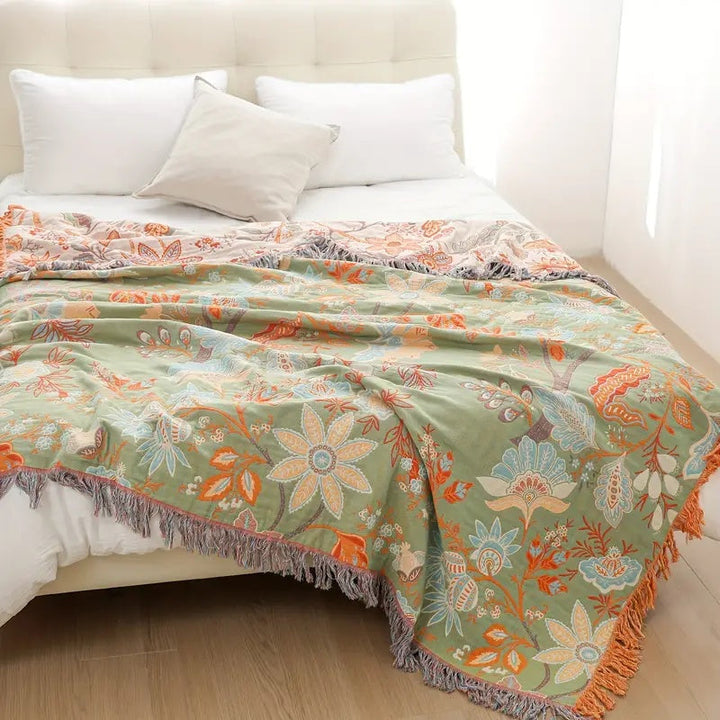 BowLift | Boho Floral Cotton Throw Blanket with Fringe – Cream & Orange