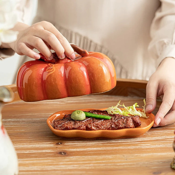 BowLift | Pumpkin-Shaped Ceramic Plate | Rustic Fall Tableware | Durable & Dishwasher Safe | PumpkinWare