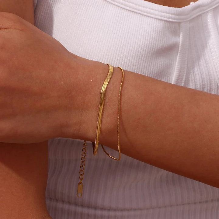 BowLift | Minimal Herringbone & Dainty Snake Chain Layered Bracelet