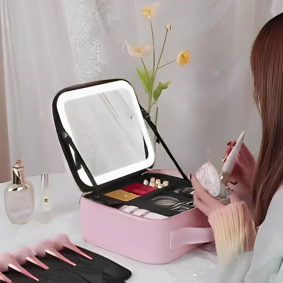 BowLift | MirrorGlam LED Make-up Bag – Portable Cosmetic Case with Adjustable Light & Organizer Loops