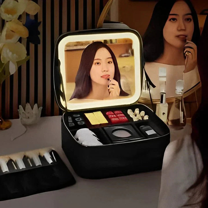 BowLift | MirrorGlam LED Make-up Bag – Portable Cosmetic Case with Adjustable Light & Organizer Loops