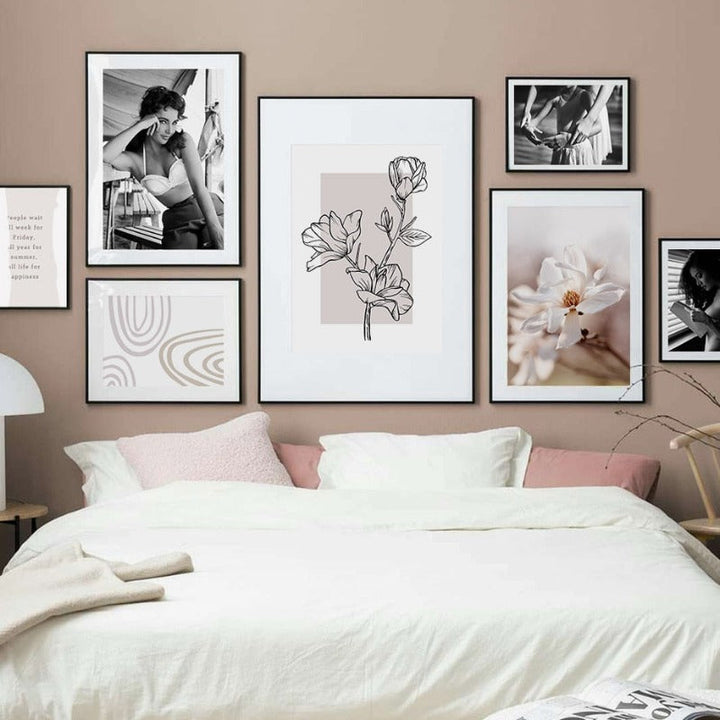 Modern Pink Floral Sketch Plants - Canvas Wall Art Painting | Bowlift