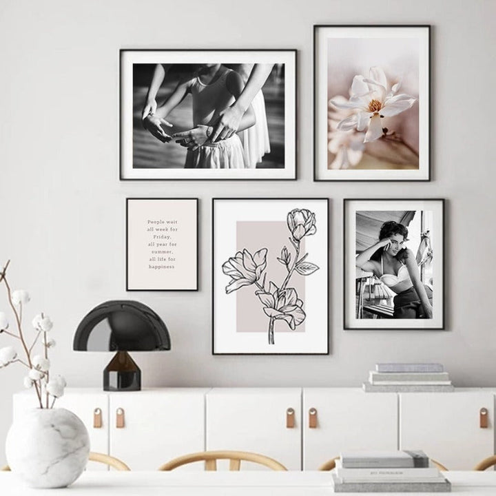 Modern Pink Floral Sketch Plants - Canvas Wall Art Painting | Bowlift