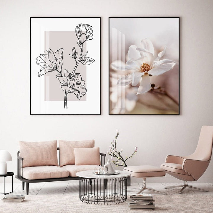 Modern Pink Floral Sketch Plants - Canvas Wall Art Painting | Bowlift